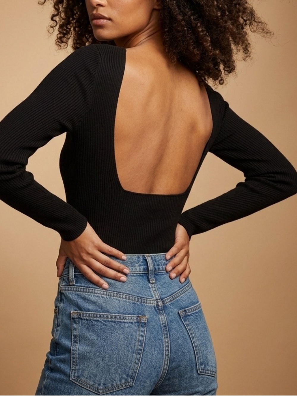 Sézane Black Ribbed Wool Knit Bodysuit Square Back Long Sleeve XS NWOT